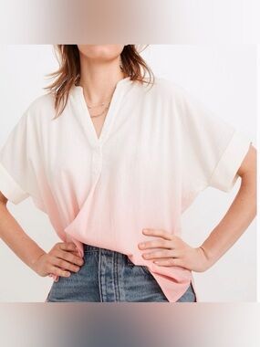 Madewell Lakeline Dip Dye Popover Top Pink White Ombre Cotton Size Large